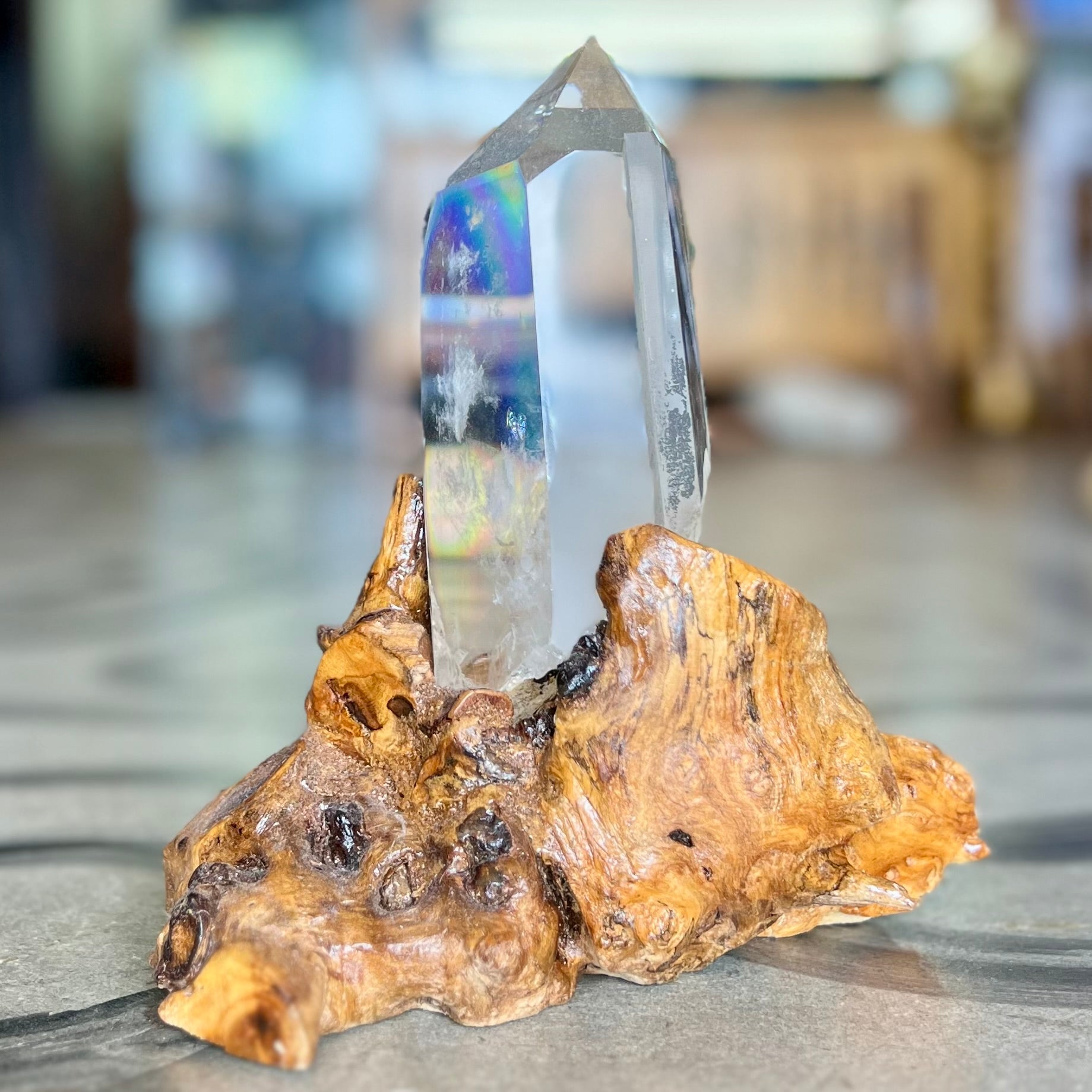Clear Quartz Semi Raw Generator Point on wooden stand