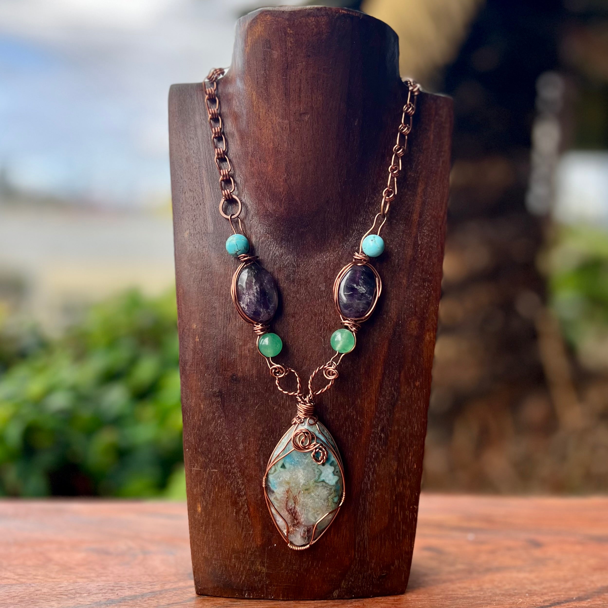 Muse Forged ~ Artesian Plume Agate, Green Aventurine & Amethyst Necklace
