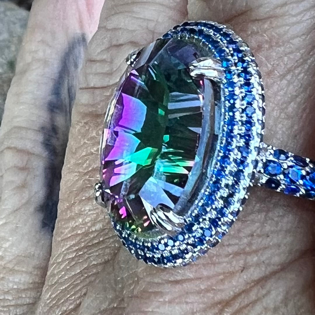 Mystic Topaz with Blue Sapphire ~ Sterling Silver Ring ~ size 8