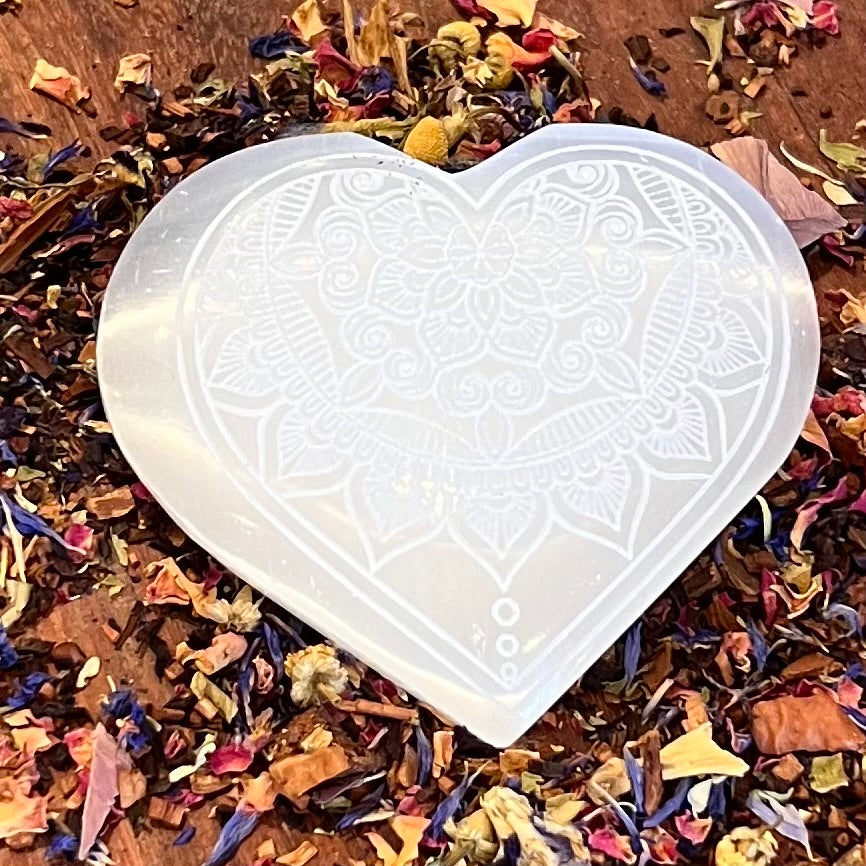 Selenite Heart With  Mandala Carving