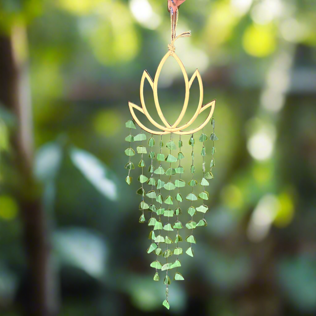 Sea Glass Lotus Wind Chime ~ Green ~ New Beginnings ~ Small