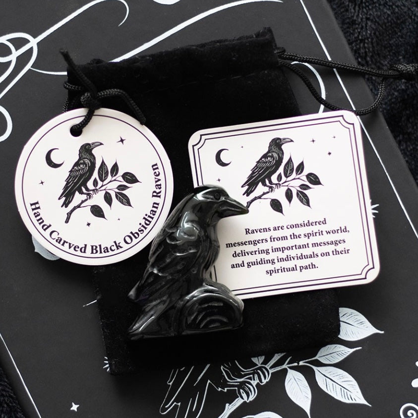 Black Obsidian Raven Carving in Bag