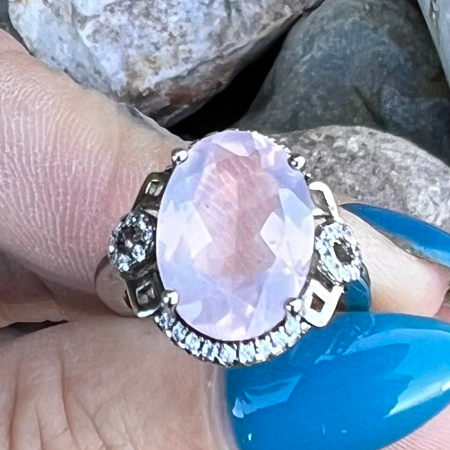 Rose Quartz & White Topaz Sterling Silver Ring ~ 5