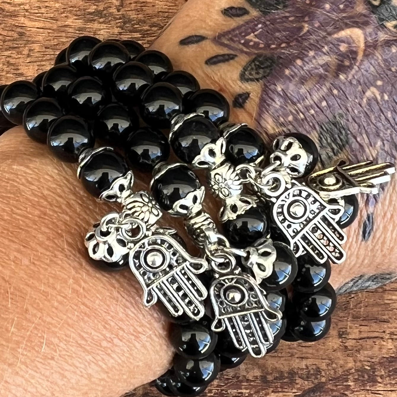 Double Protection Black Obsidian Bracelet with Hamsa Charm