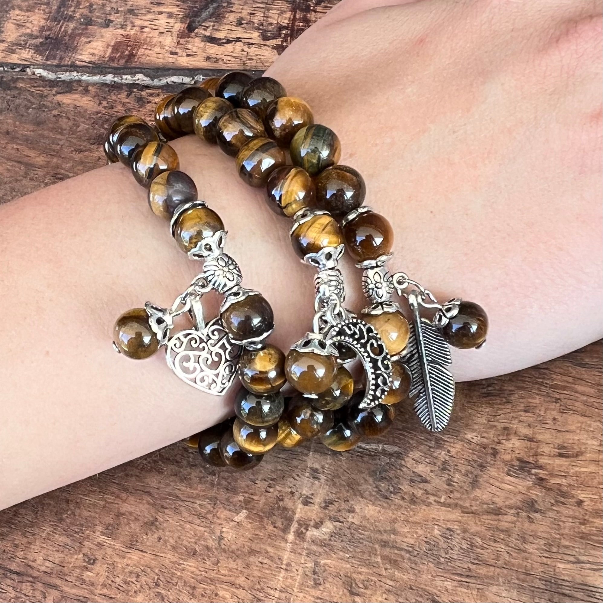 Tiger Eye Courage & Strength Bracelet with Feather Charm