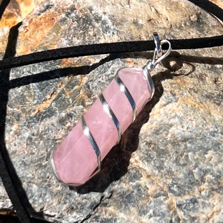 Rose Quartz Pencil Point Spiral Wrap Pendant
