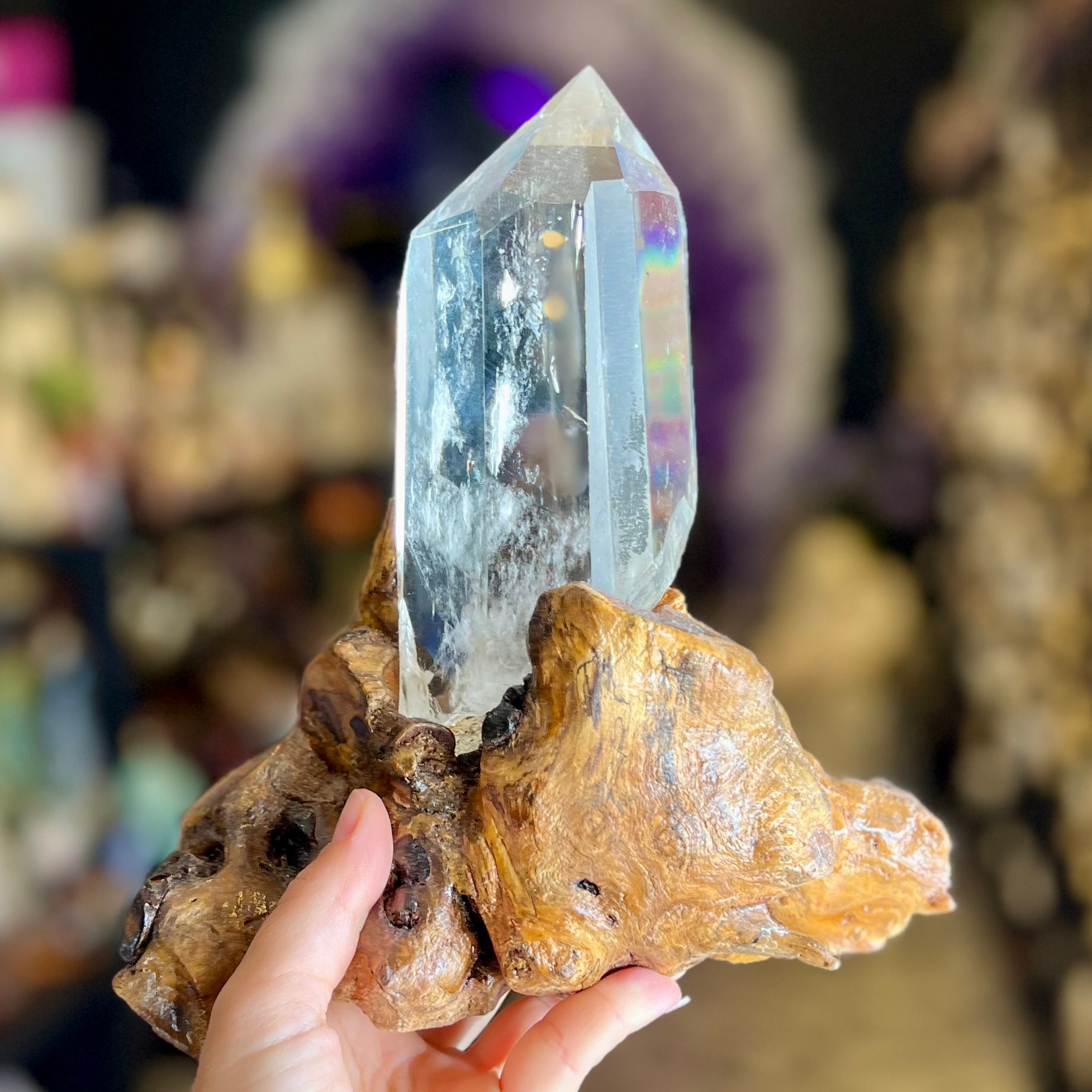 Clear Quartz Semi Raw Generator Point on wooden stand