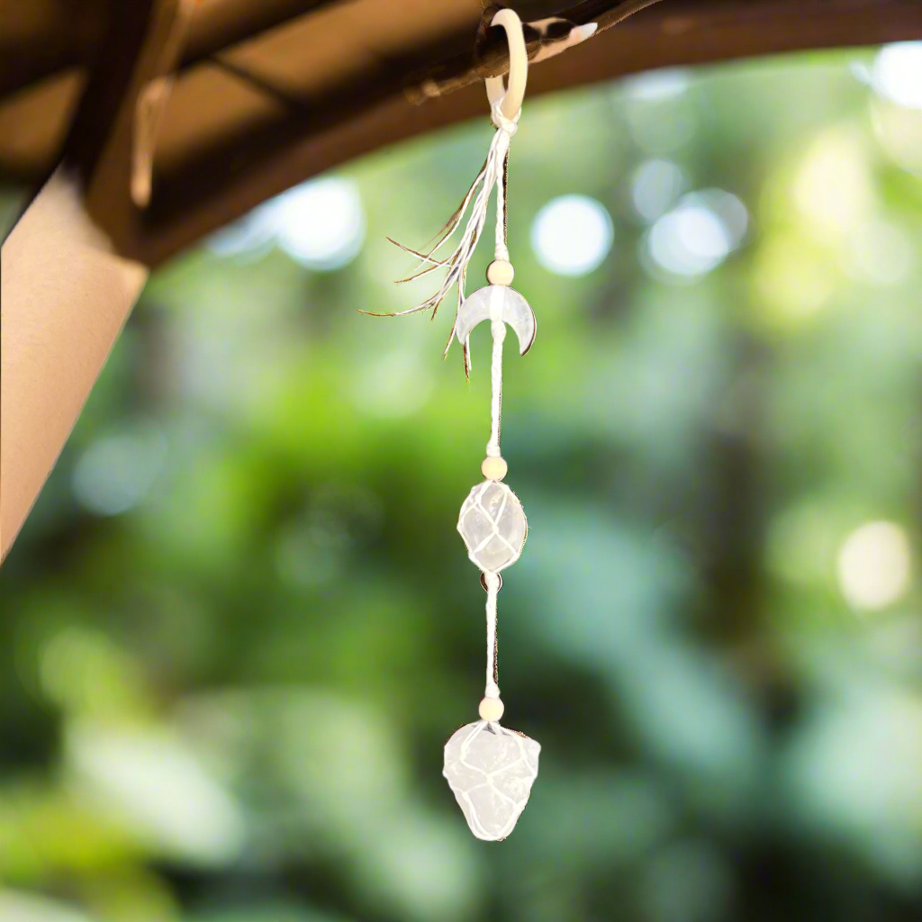 Triple Clear Quartz Macrame Crystal Hanger
