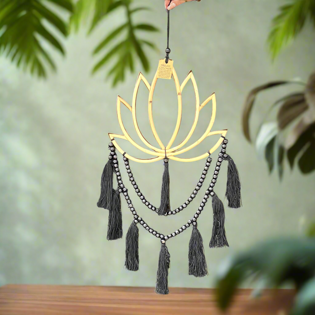 Boho Lotus Black Beaded Macrame Wall Art ~ Medium