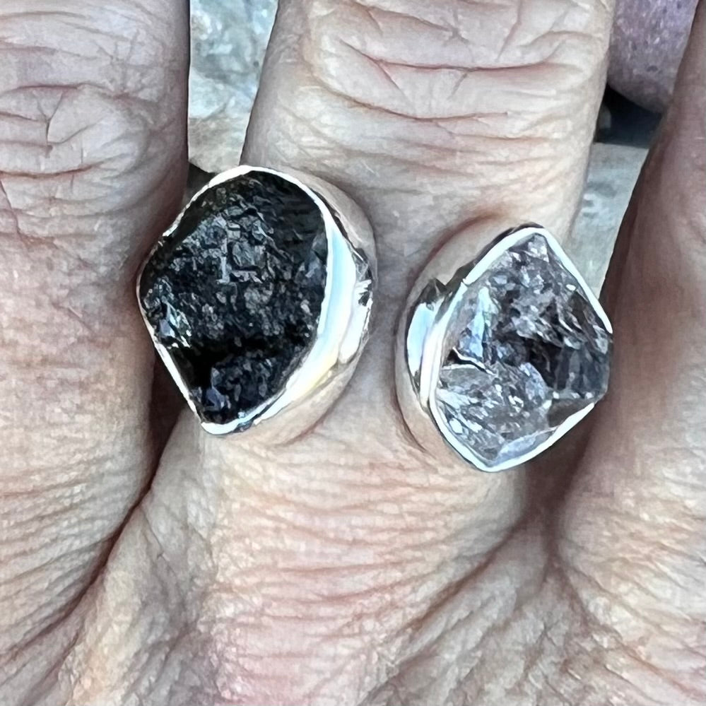 Raw Moldavite and Herkimer Diamond Ring set in Sterling Silver ~ size 7 adjustable