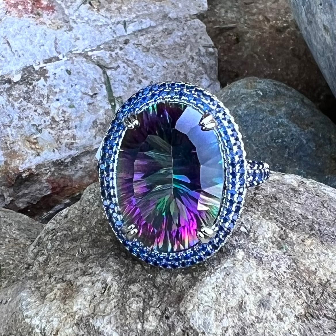 Mystic Topaz with Blue Sapphire ~ Sterling Silver Ring ~ size 8