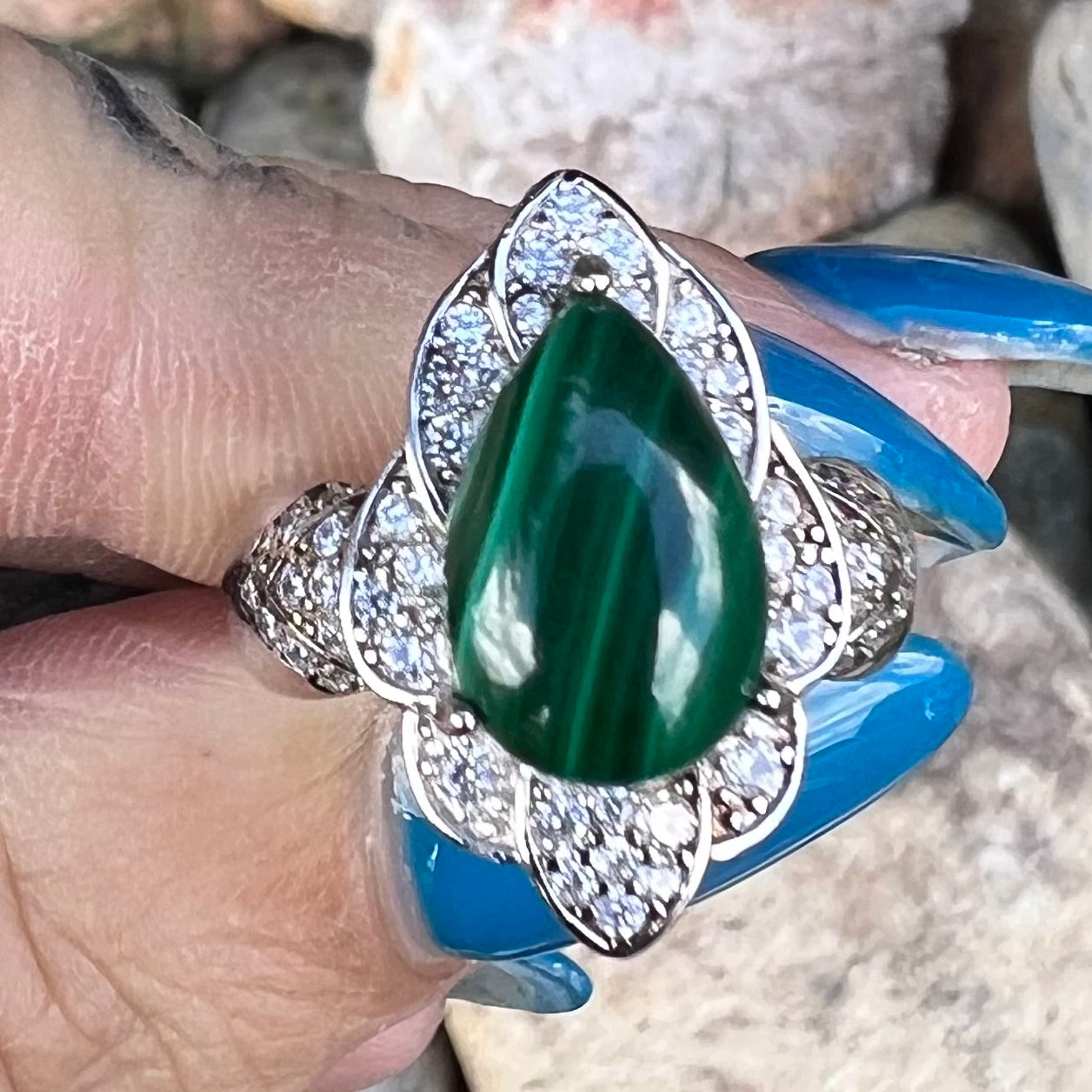 Malachite and Topaz Sterling Silver Ring ~ 6