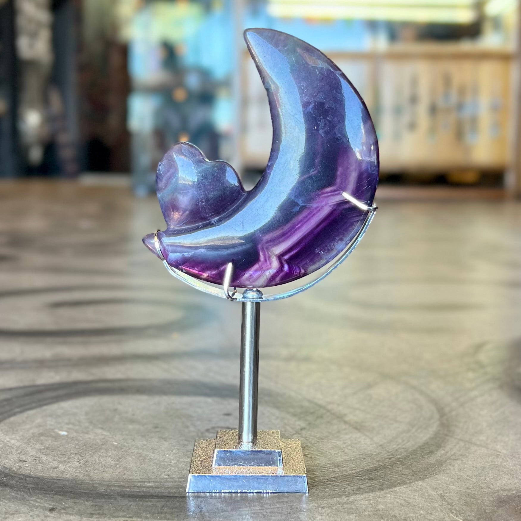 Rainbow Fluorite Crescent Moon and Heart on Stand