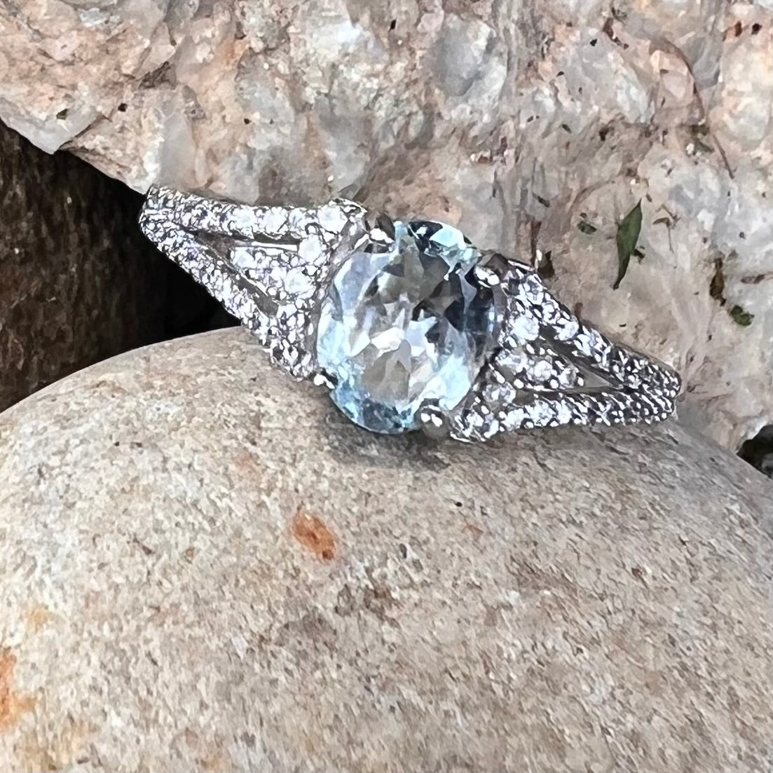 Aquamarine & White Topaz Sterling Silver Ring ~ 5