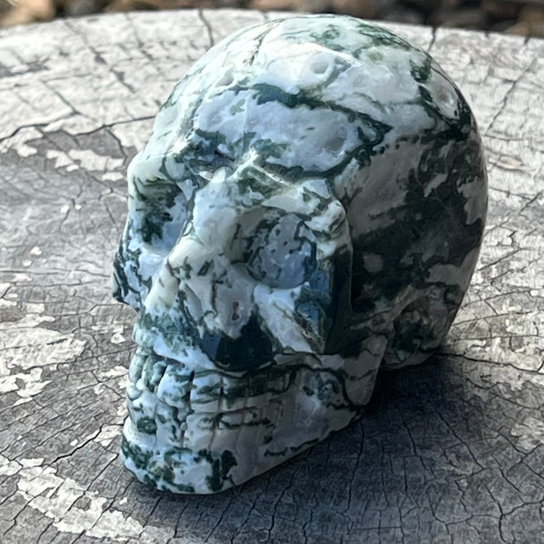 Moss Agate Skull Carving