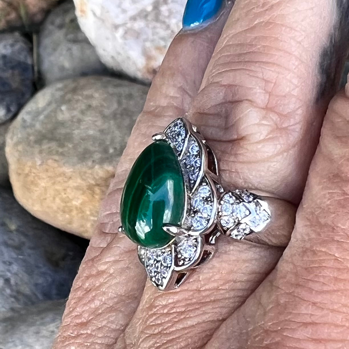 Malachite and Topaz Sterling Silver Ring ~ 6
