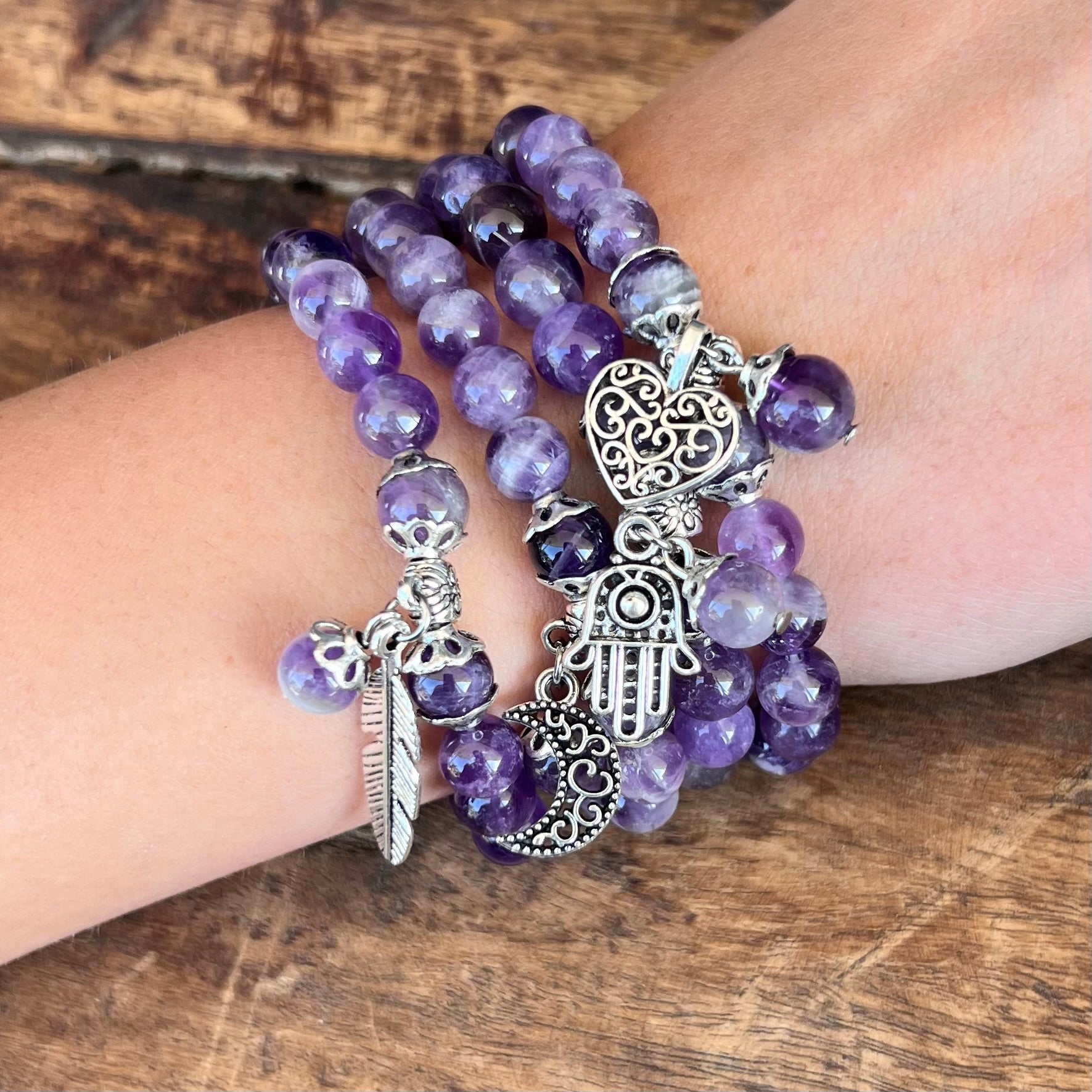 Double Protection Amethyst Bracelet with Hamsa Charm