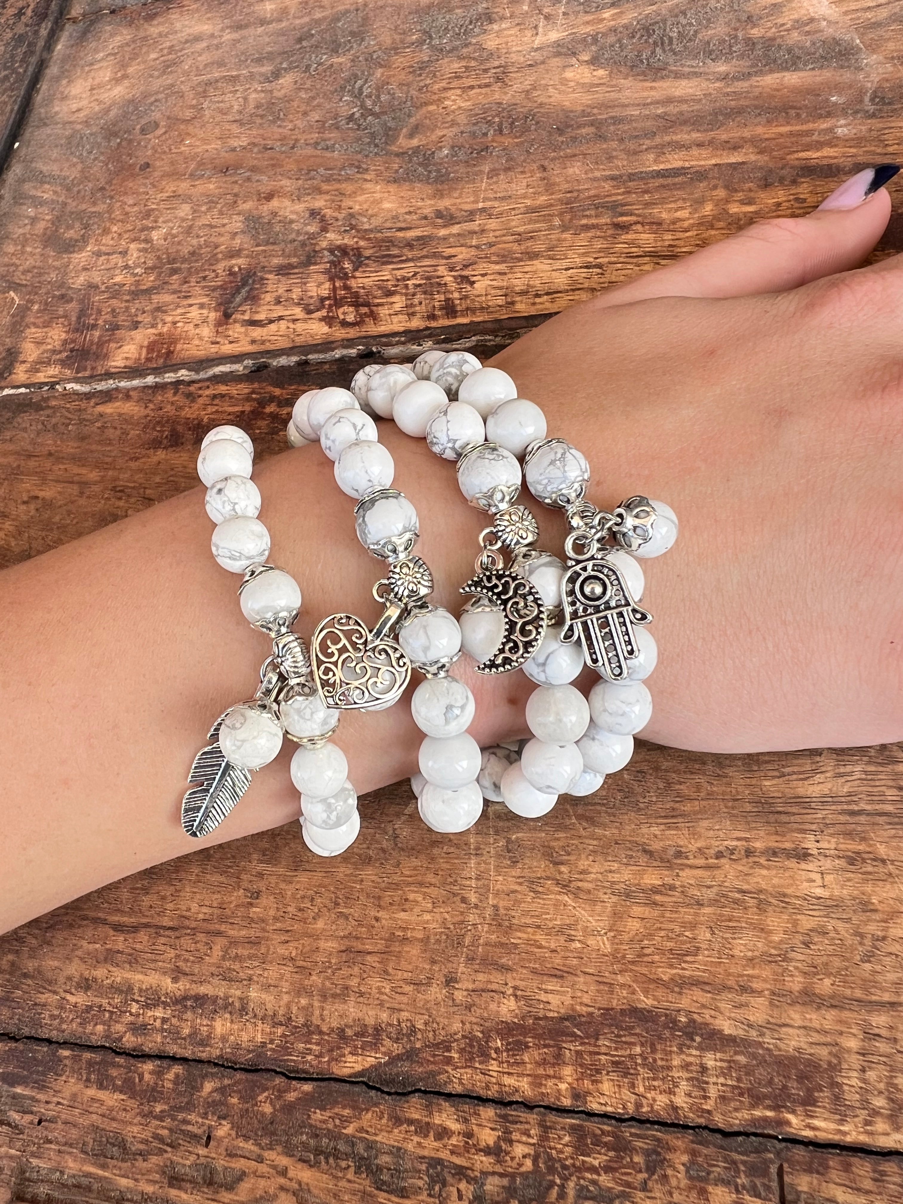 White Howlite Calming Bracelet with Hamsa Charm