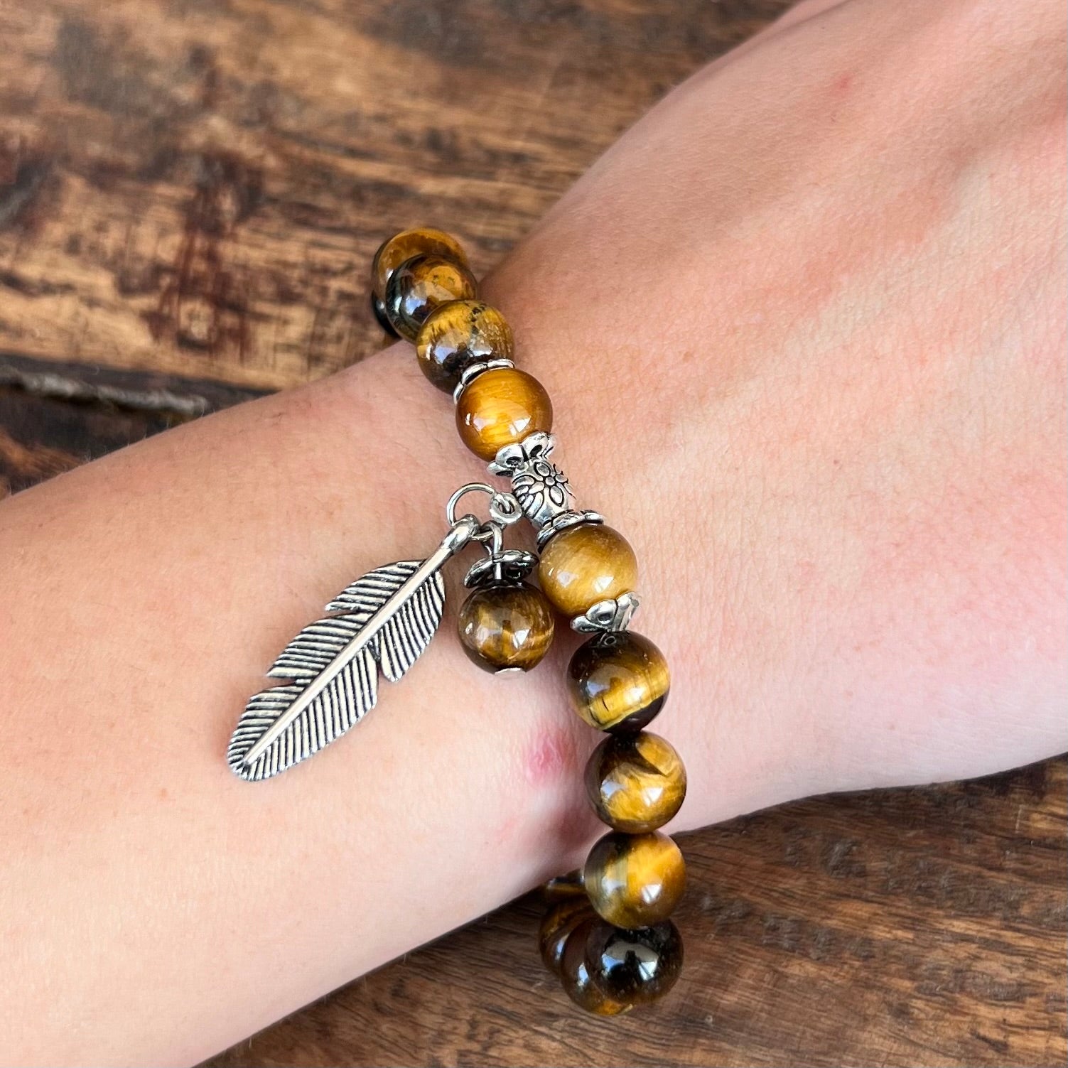 Tiger Eye Courage & Strength Bracelet with Feather Charm