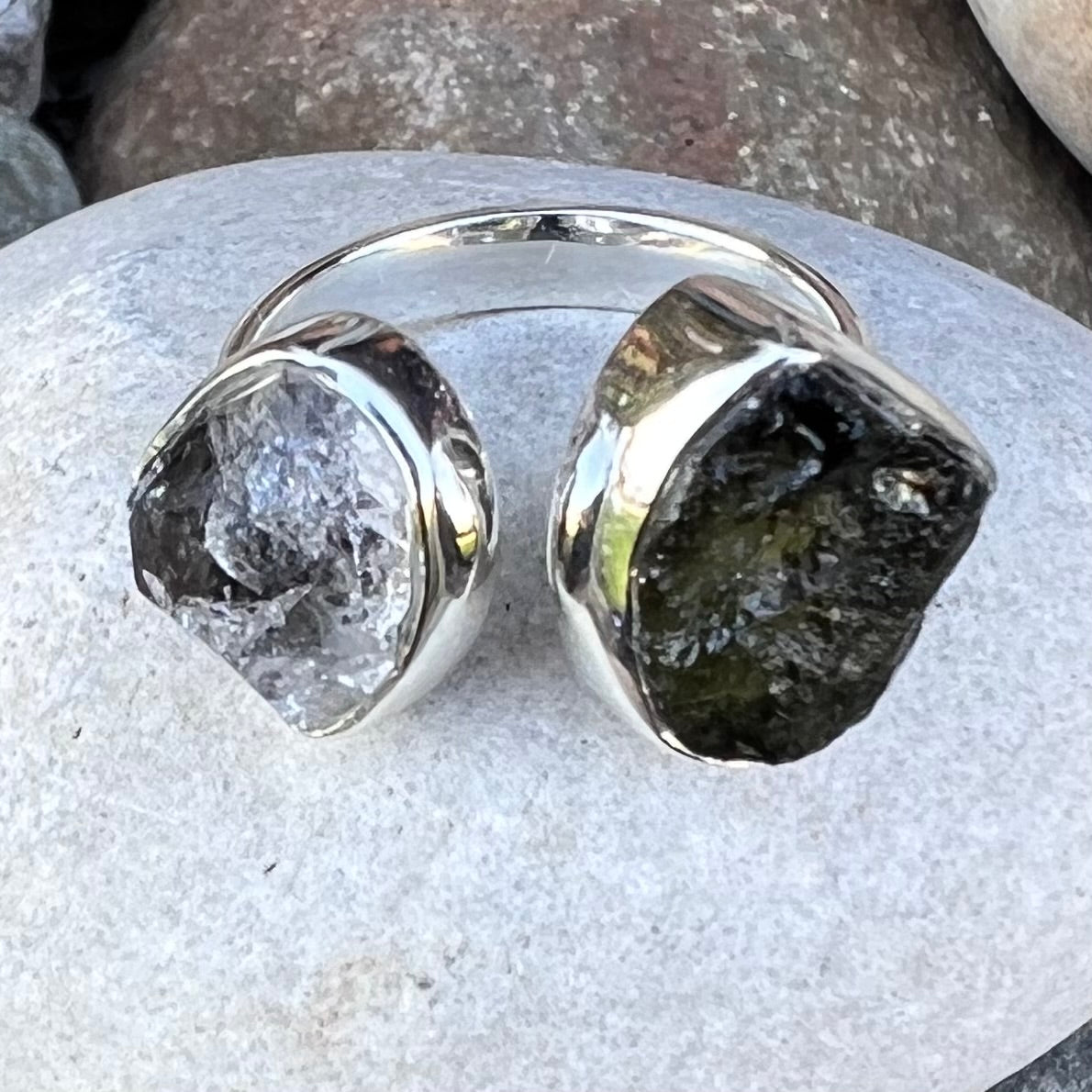 Raw Moldavite and Herkimer Diamond Ring set in Sterling Silver ~ size 7 adjustable