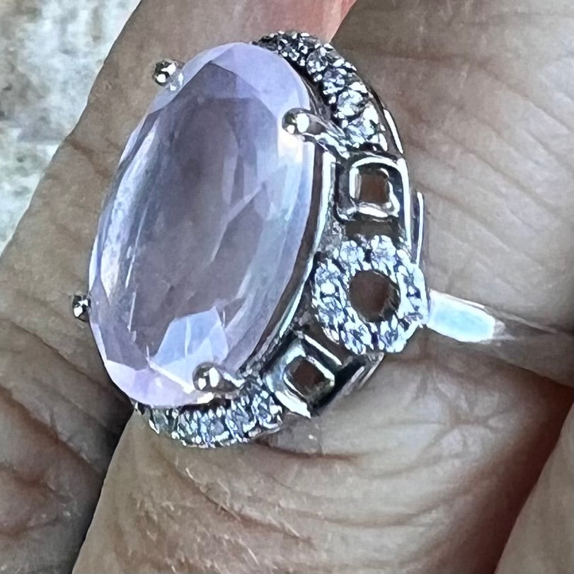 Rose Quartz & White Topaz Sterling Silver Ring ~ 5
