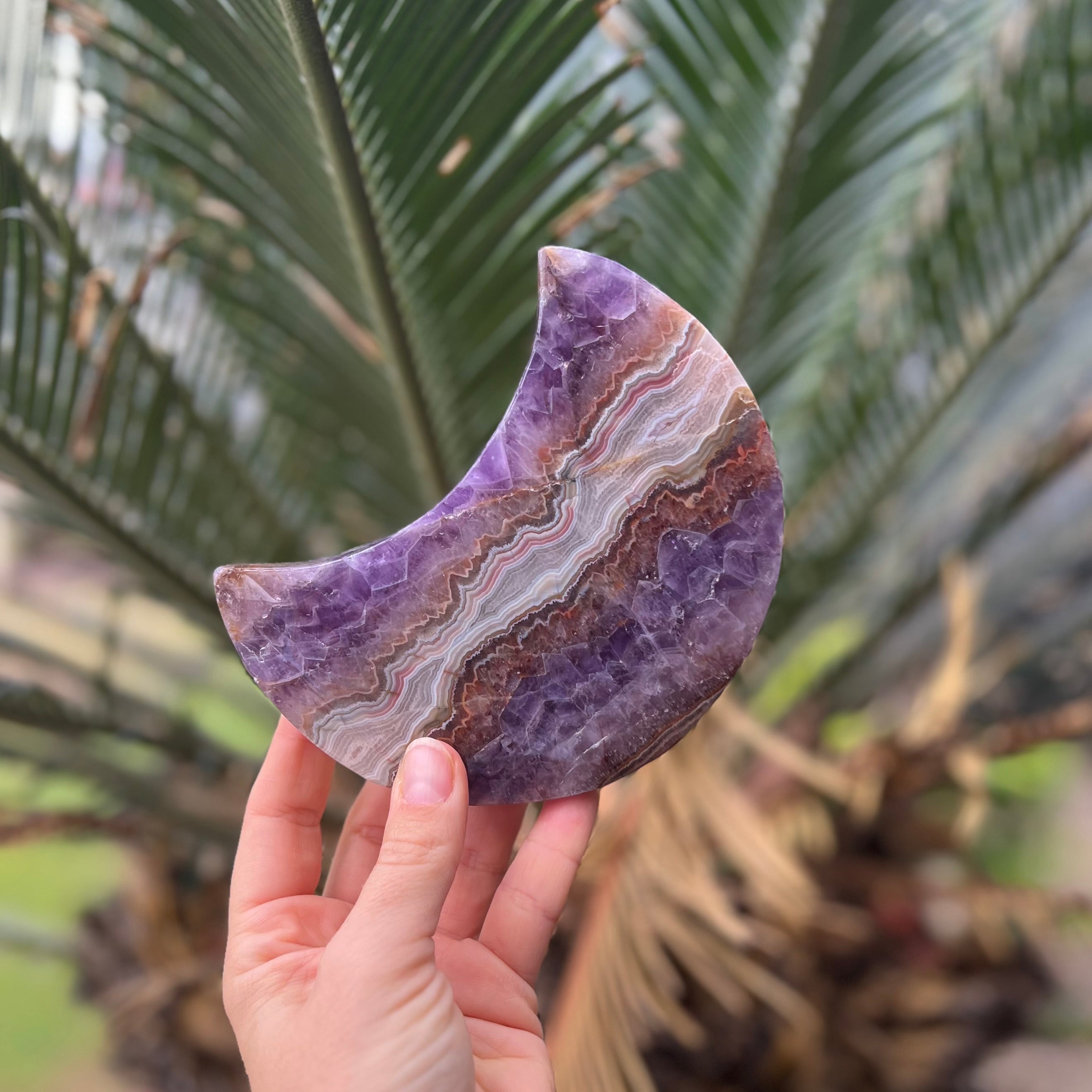 Amethyst Crescent Moon Carving on Metal Stand