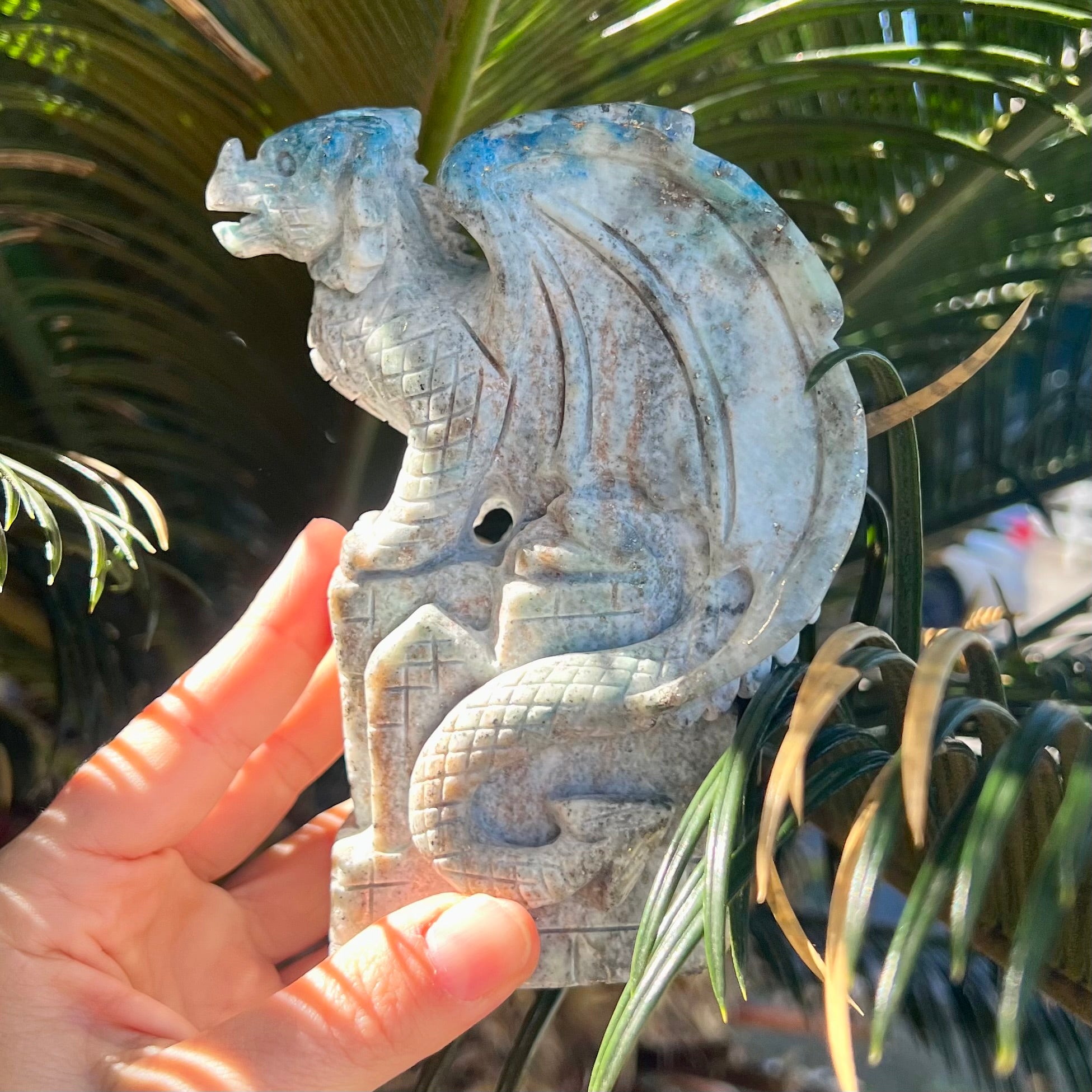 Blue Apatite with Pyrite Dragon Carving