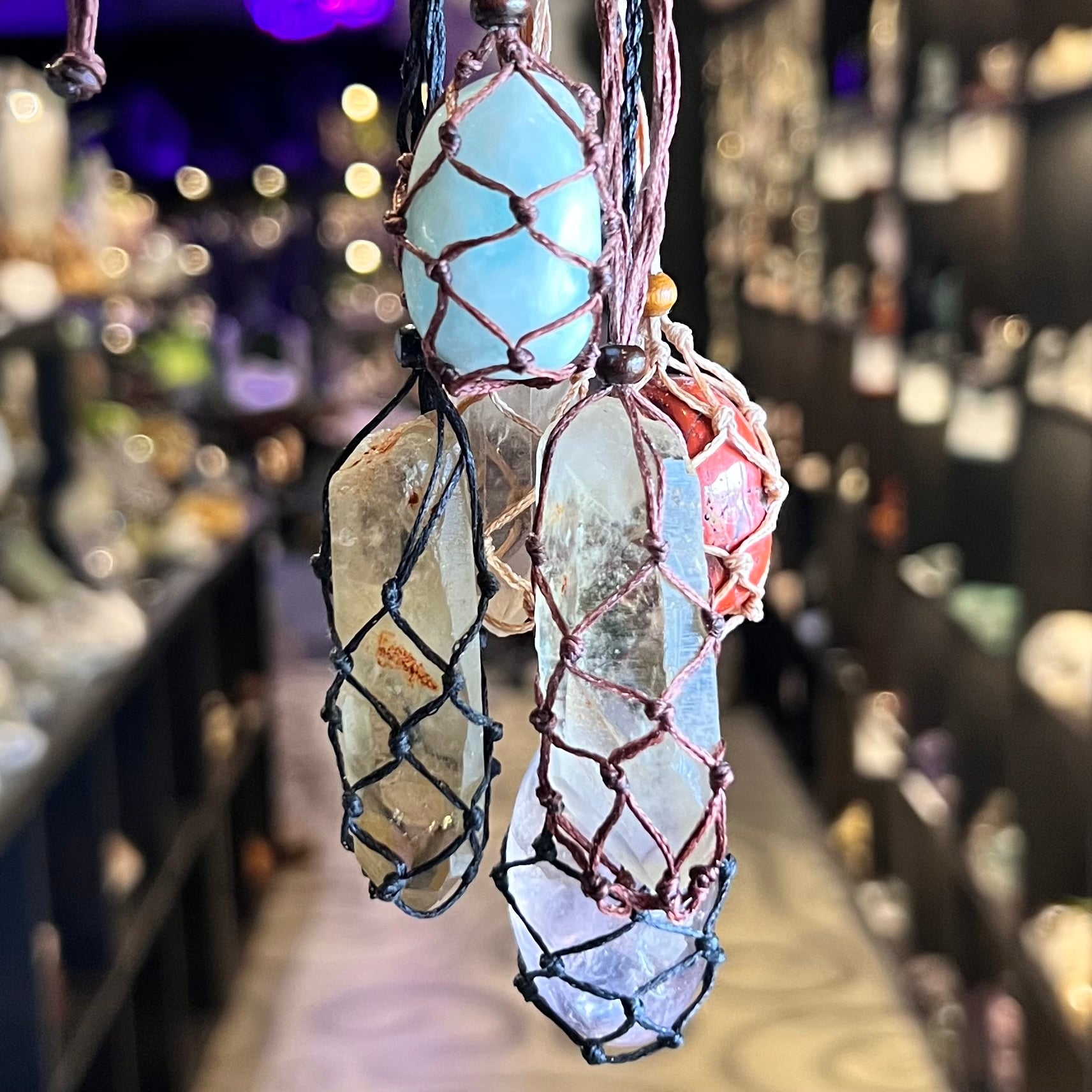 Waxed Cord Macrame Crystal Cage Necklace ~ Black