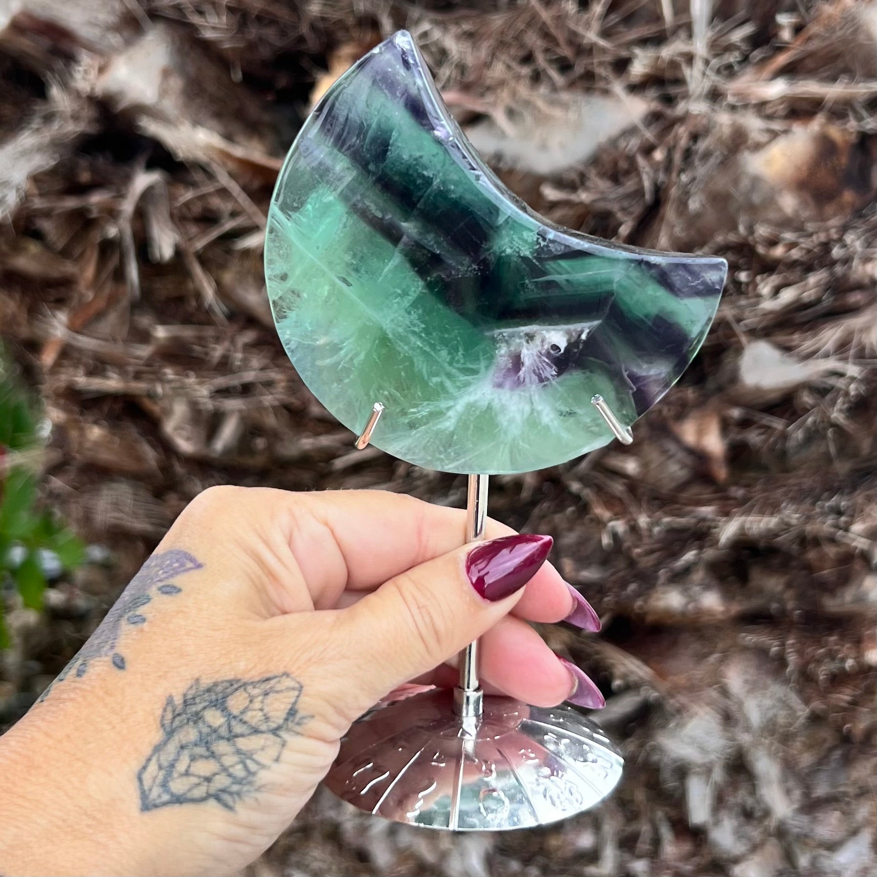 Rainbow Fluorite Crescent Moon on Stand