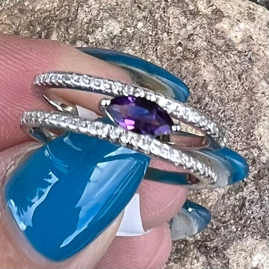 Amethyst & White Topaz Sterling Silver Ring ~ 10