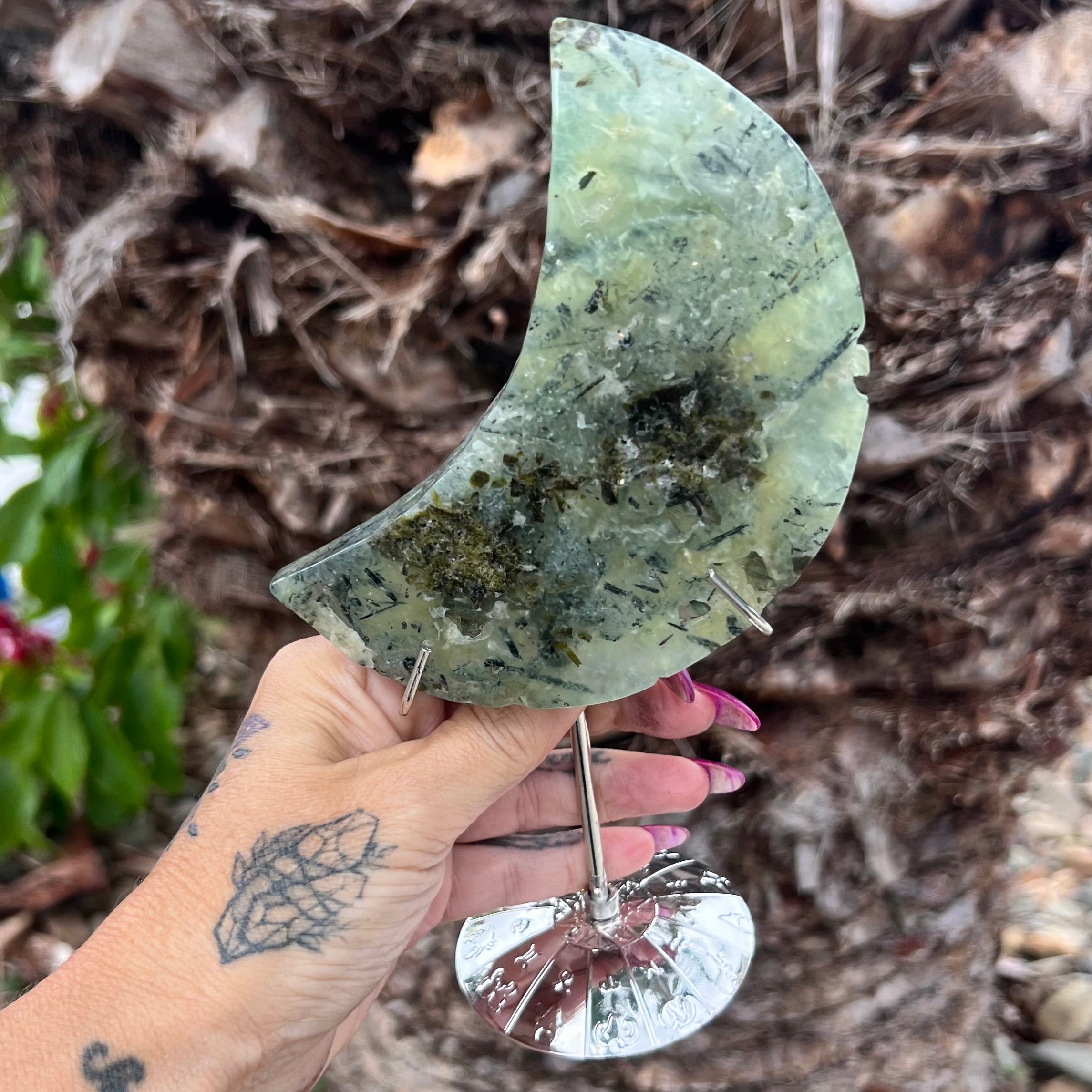 Prehnite Crescent Moon of Protection on Stand