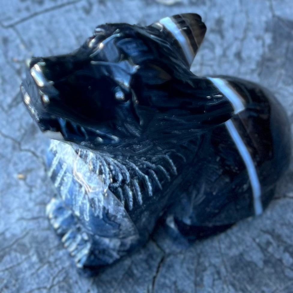 Black Agate ~ Wolf Carving ~ Large
