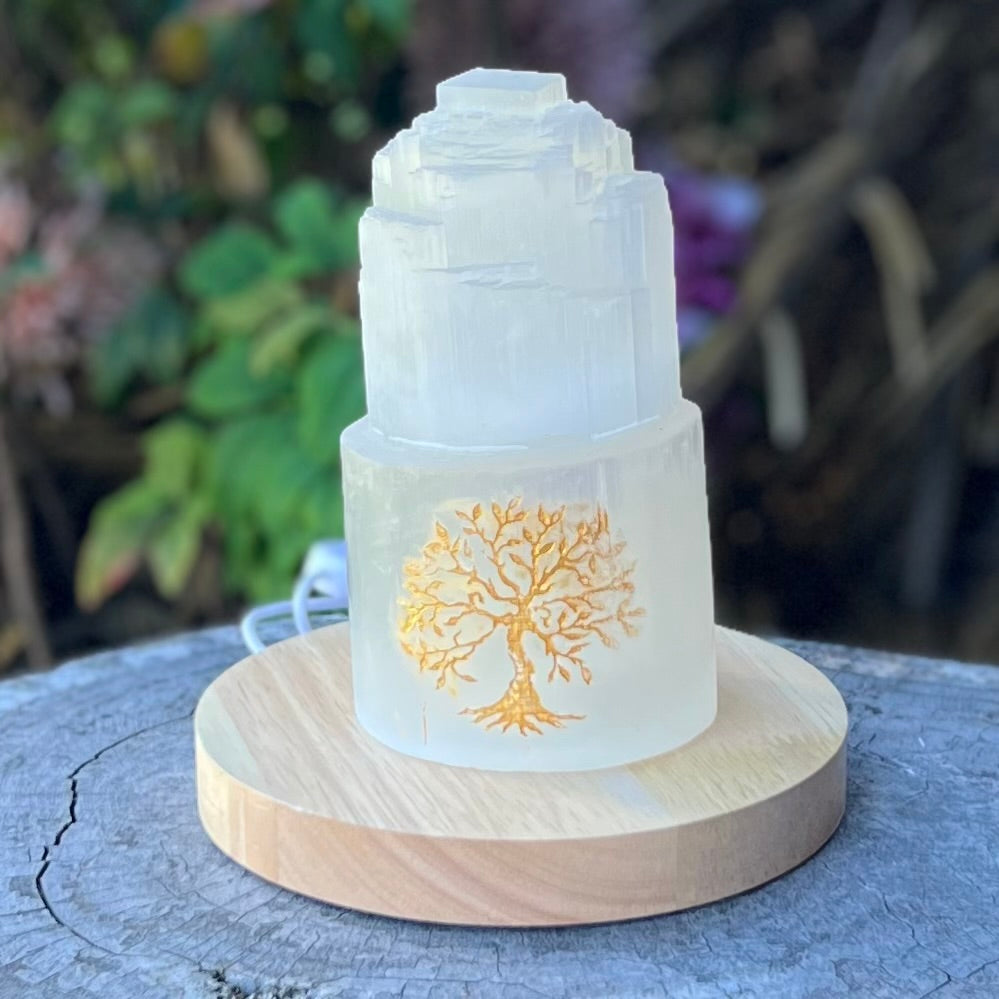 Selenite Cleansing & Charging Lamp ~ Tower Small ~ Tree of Life