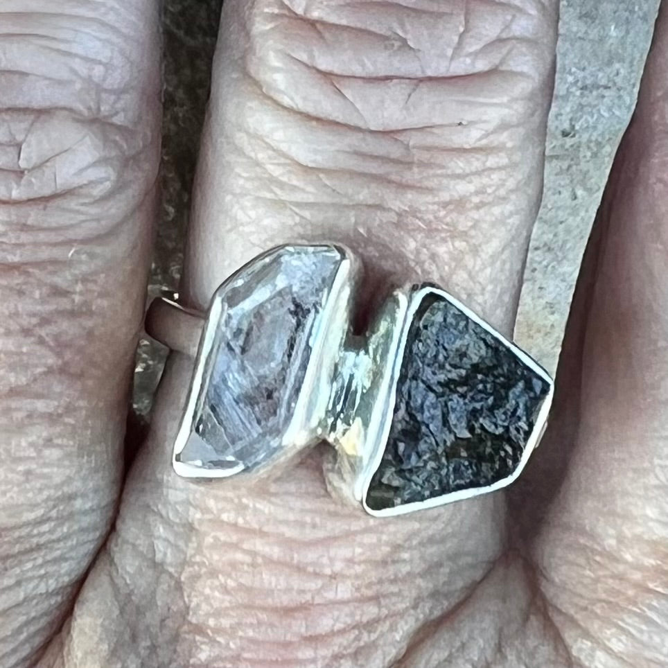 Raw Moldavite and Herkimer Diamond Ring set in Sterling Silver ~ size 7 adjustable