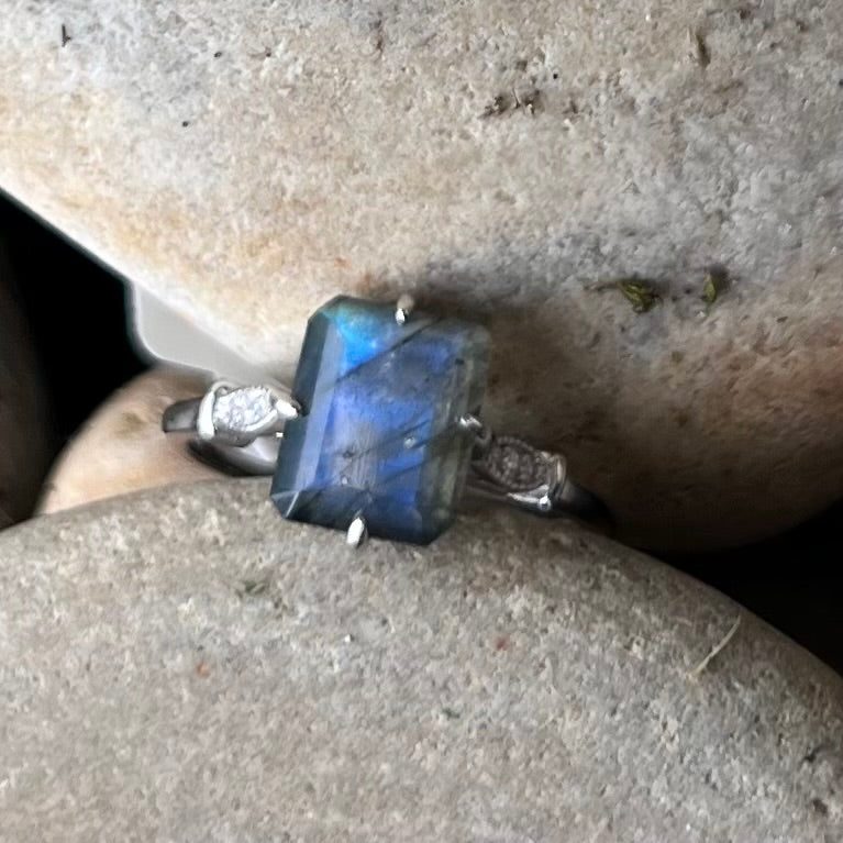 Labradorite with Topaz ~ Sterling Silver Ring ~ Size 9