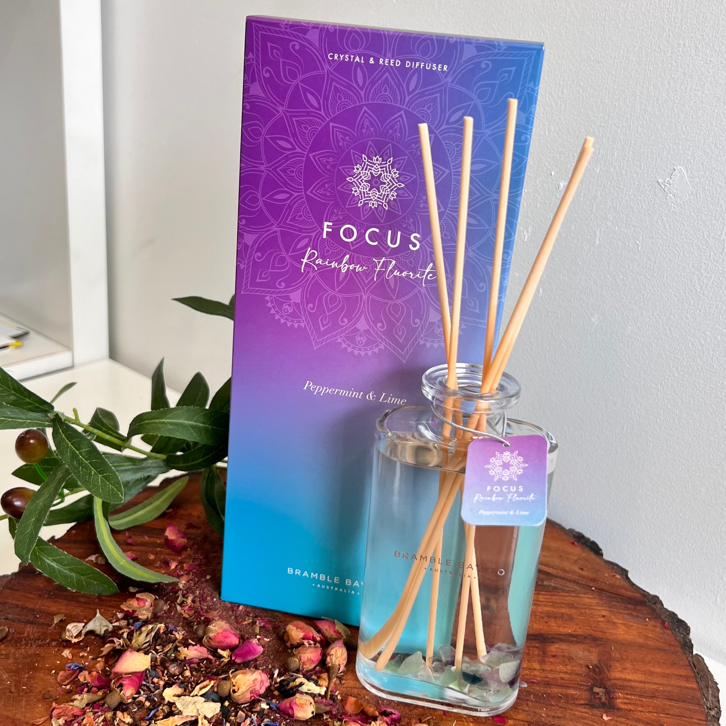 Boho Crystal Focus Reed Diffuser ~
Rainbow Fluorite ~ 
Peppermint & Lime