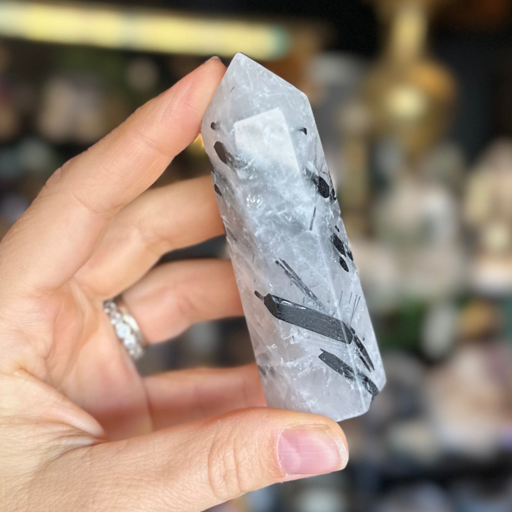 Black Tourmaline in Clear Protective Generator Quartz Tower