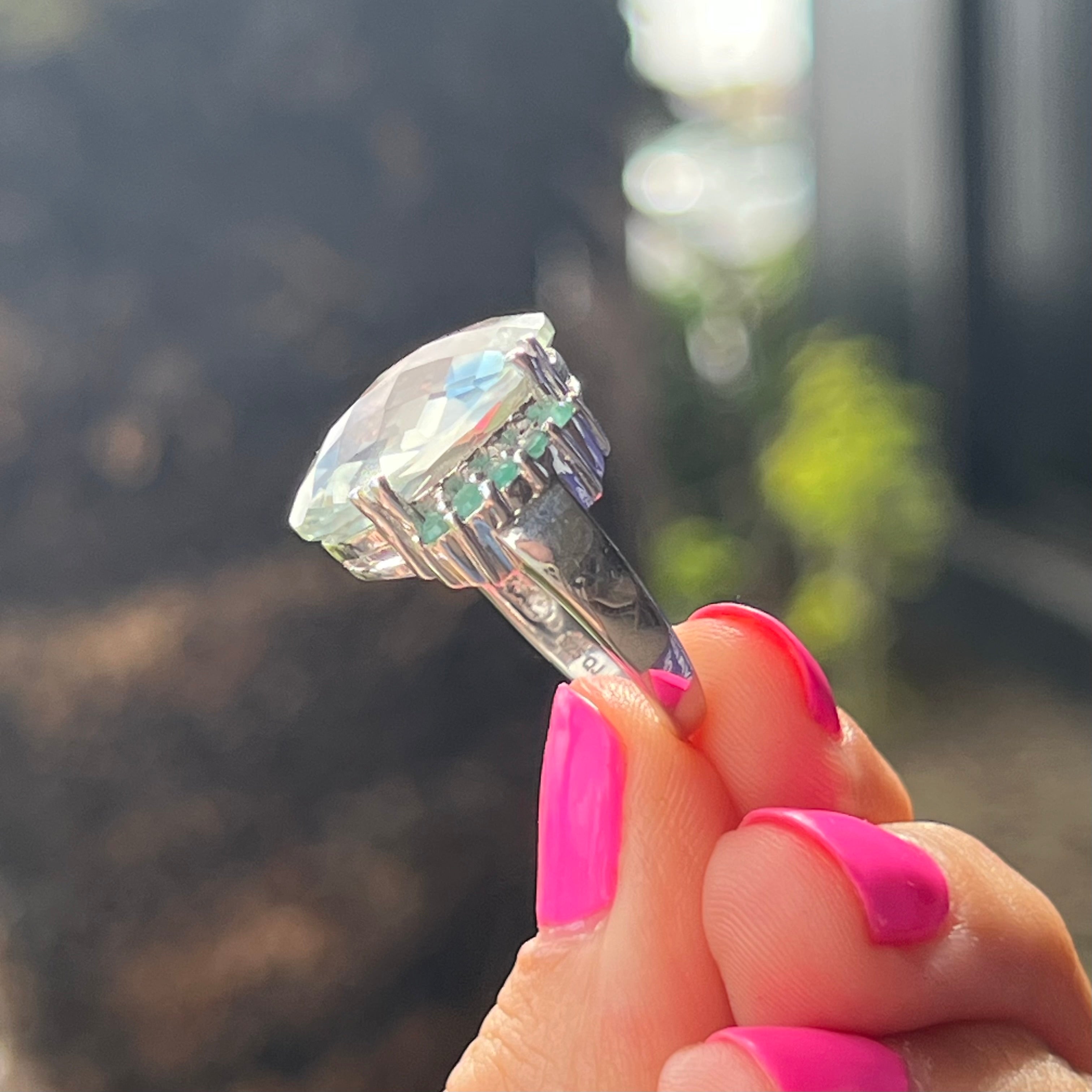 Prasiolite + Emerald Sterling Silver Ring ~ 7