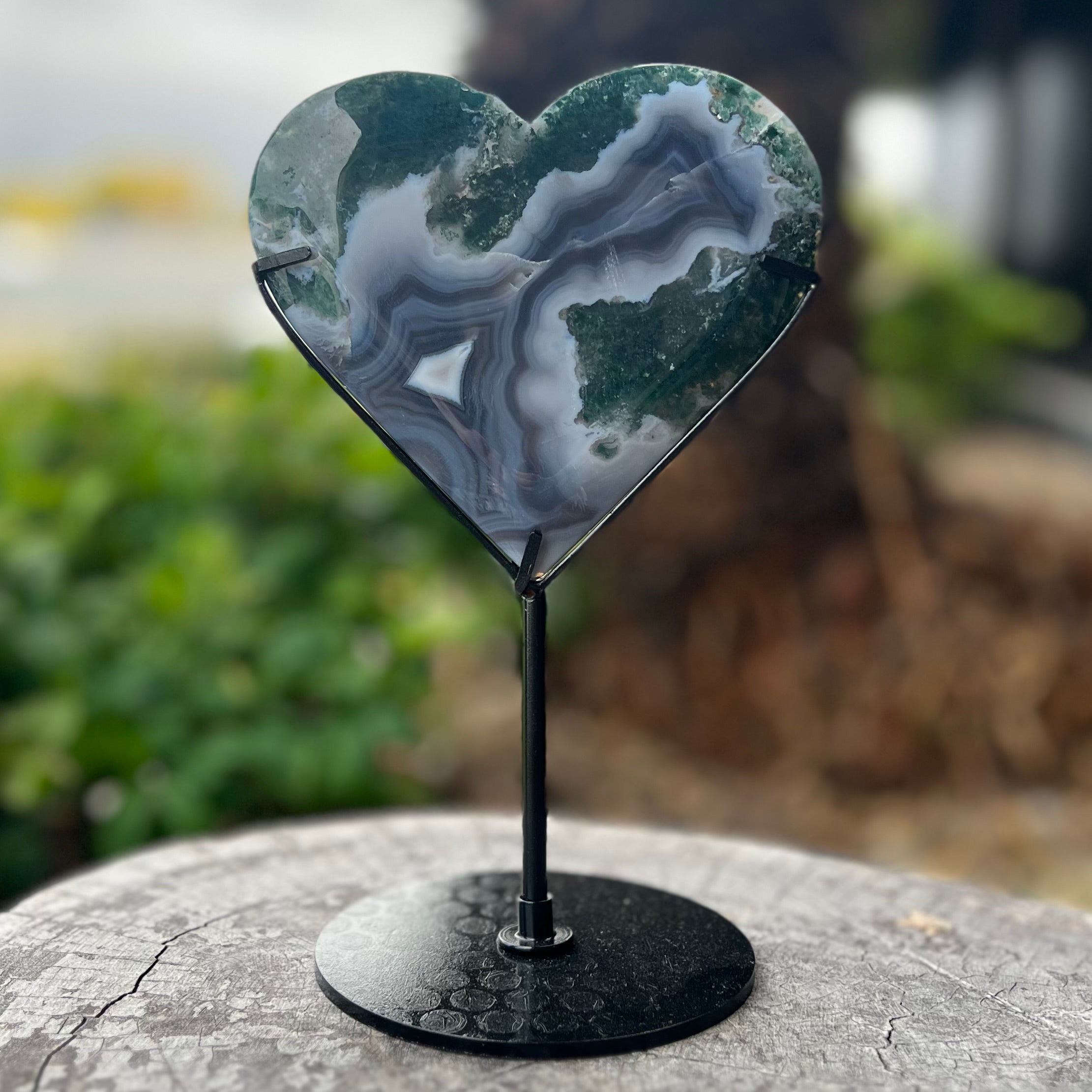 Moss Agate Heart Carving on Stand