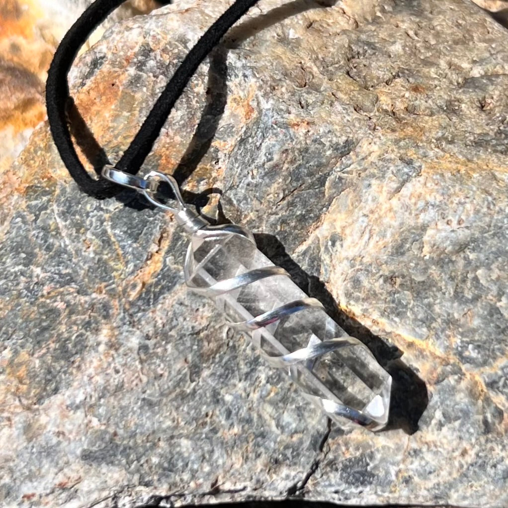 Clear Quartz Pencil Point Spiral Wrap Pendant