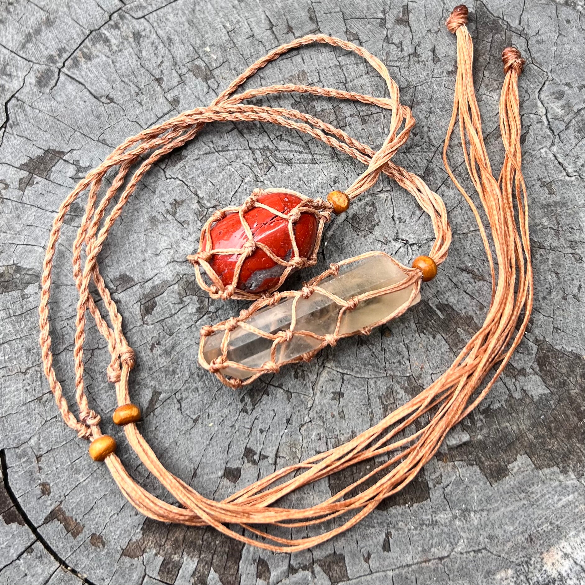 Waxed Cord Macrame Crystal Cage Necklace ~ Light Brown