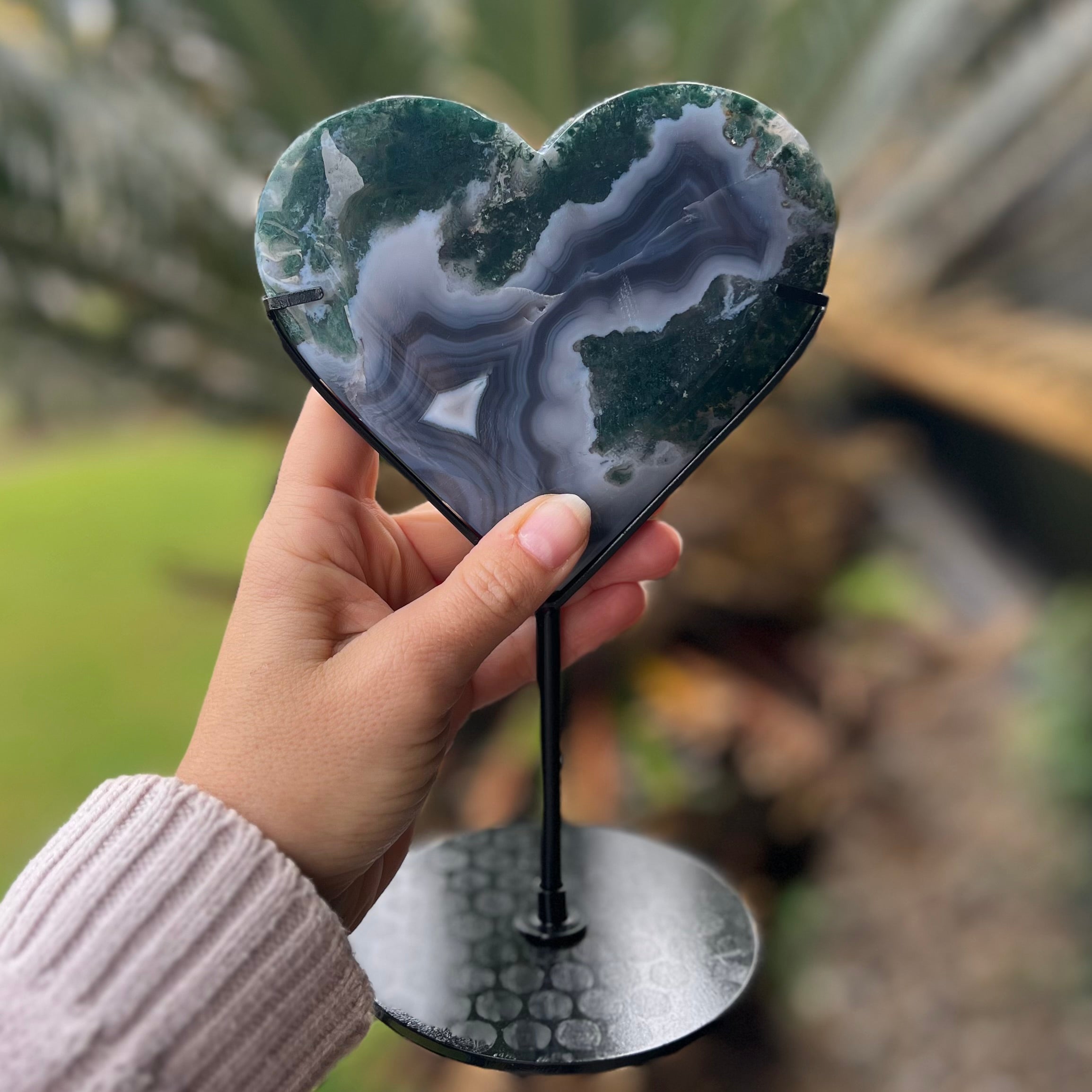 Moss Agate Heart Carving on Stand