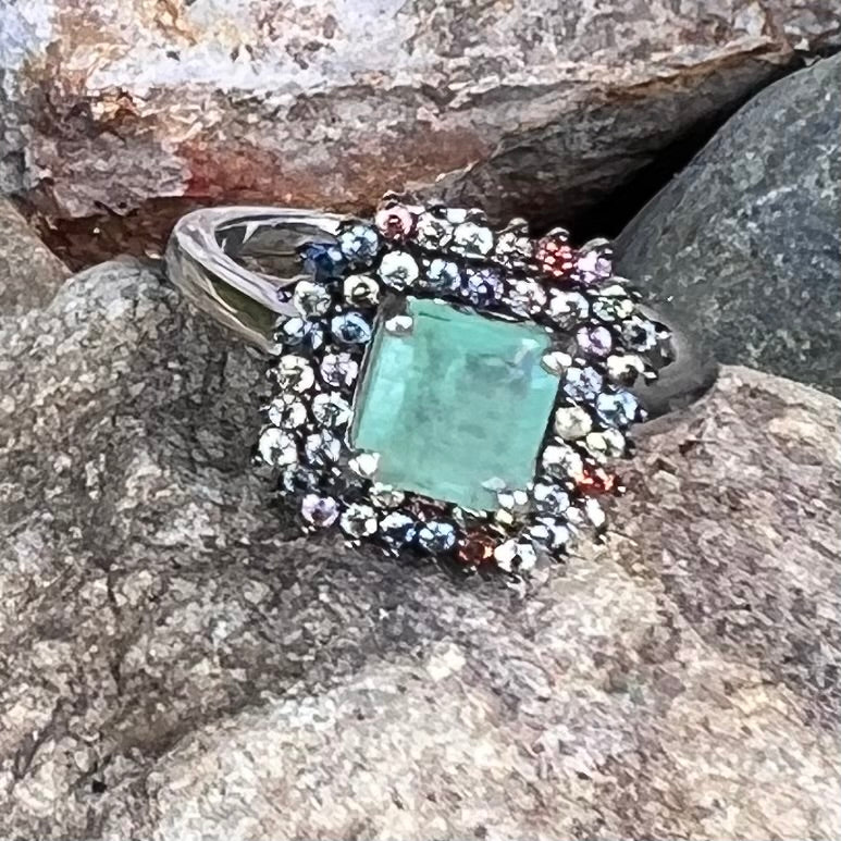 Emerald with Sapphires in Sterling Silver Ring ~ size 6