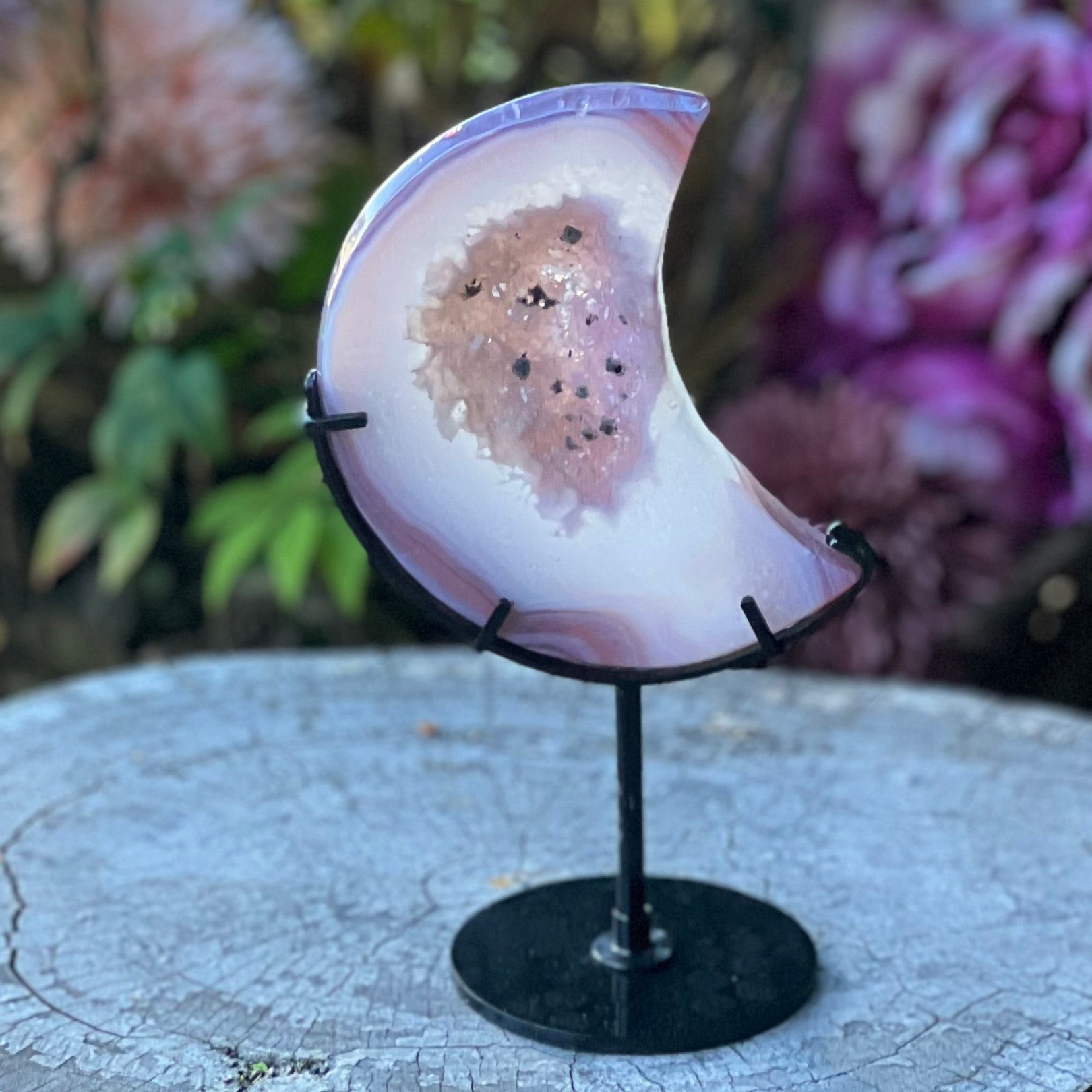 Pink Agate Crescent Moon Carving with Geode - Dyed Agate