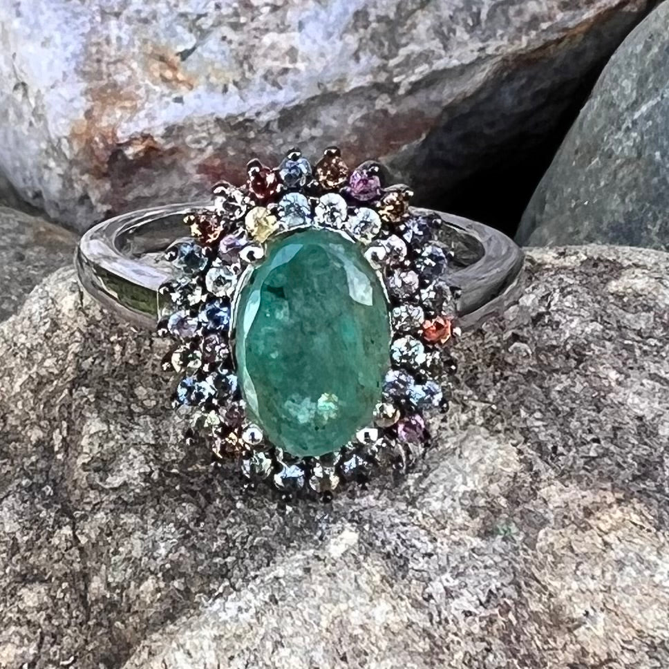 Emerald with Sapphires in Sterling Silver Ring ~ size 7