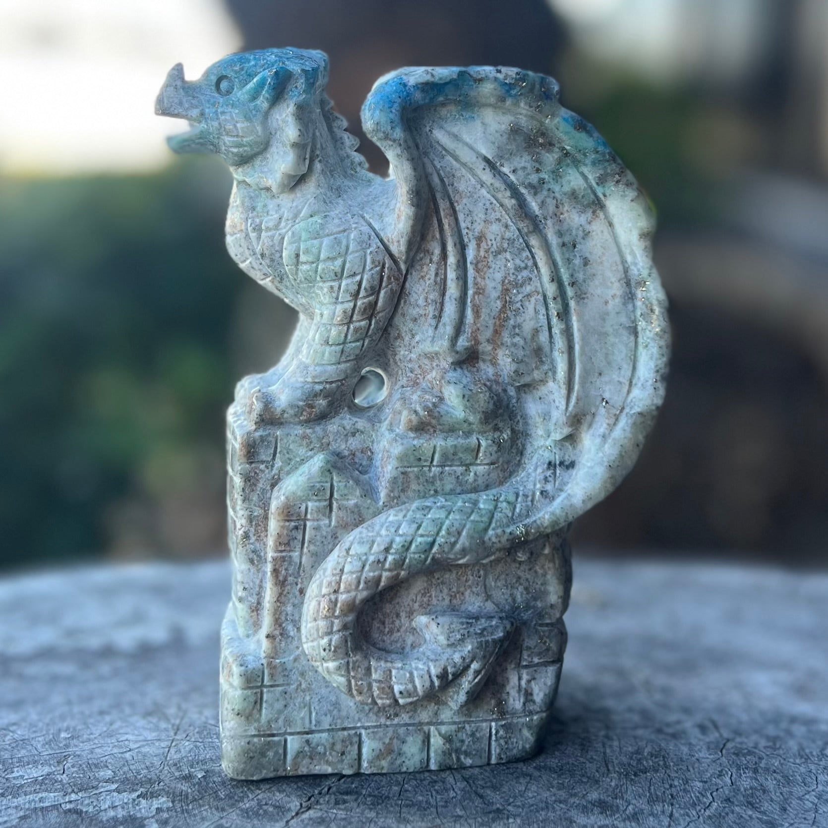 Blue Apatite with Pyrite Dragon Carving