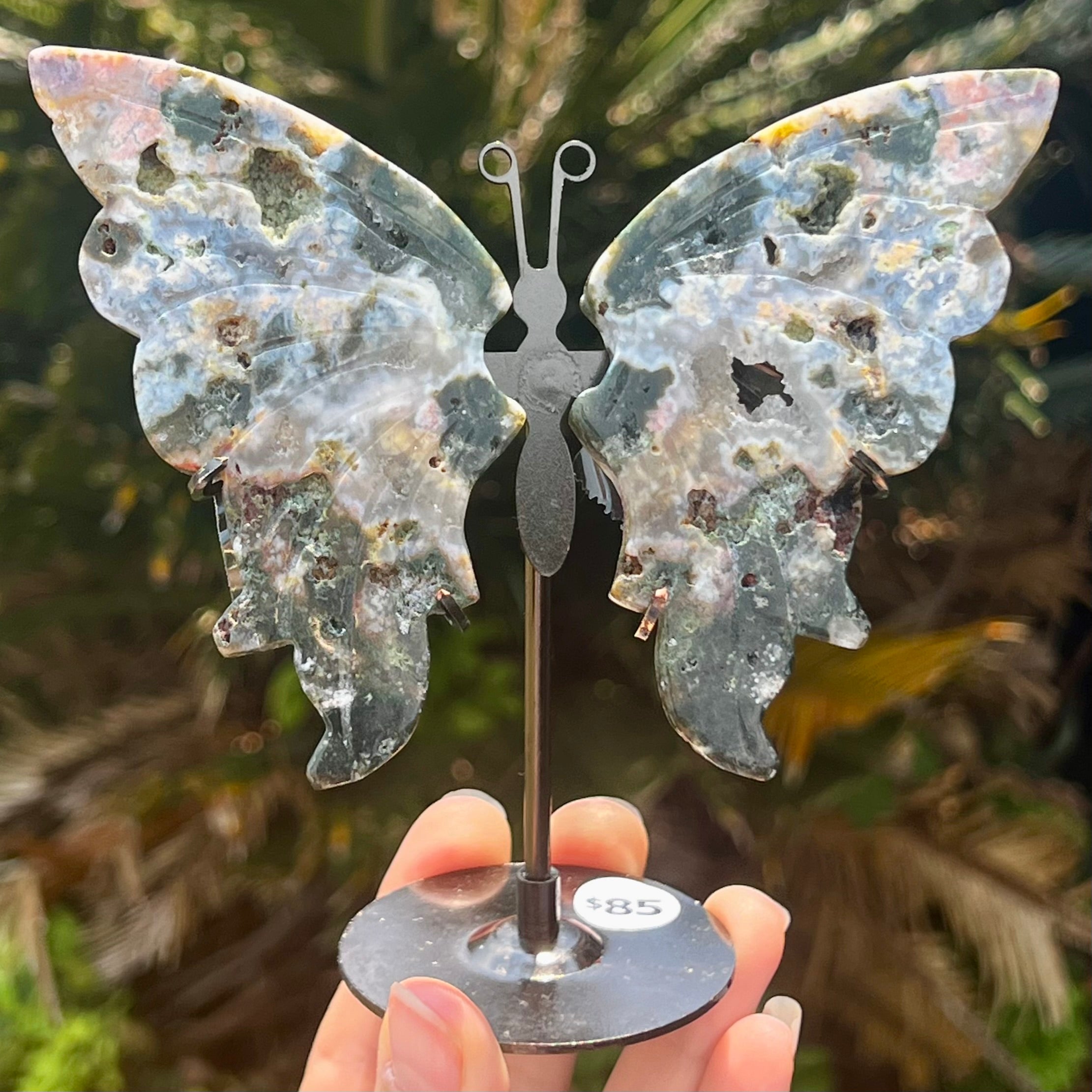 Moss Agate Butterfly on Stand
