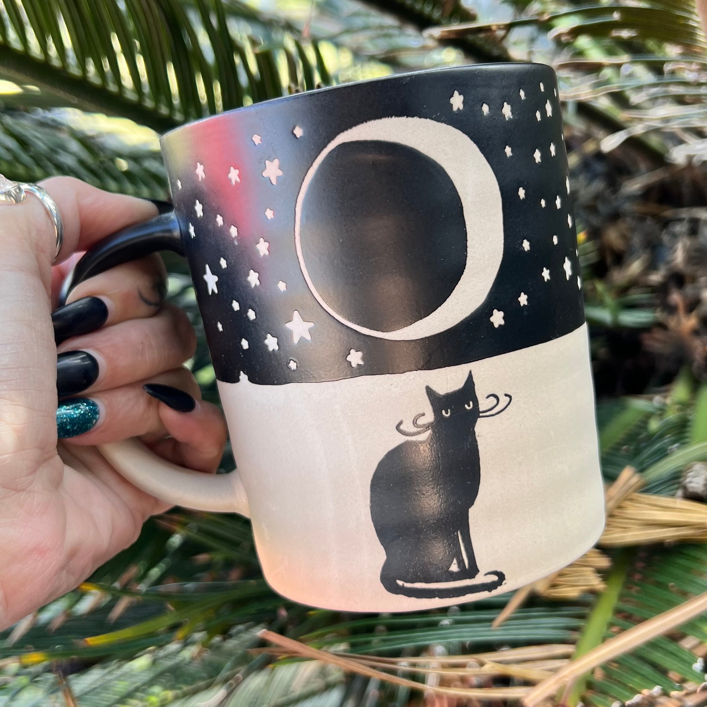 Celestial Moon Magical Black Cat ~ Rustic Mug