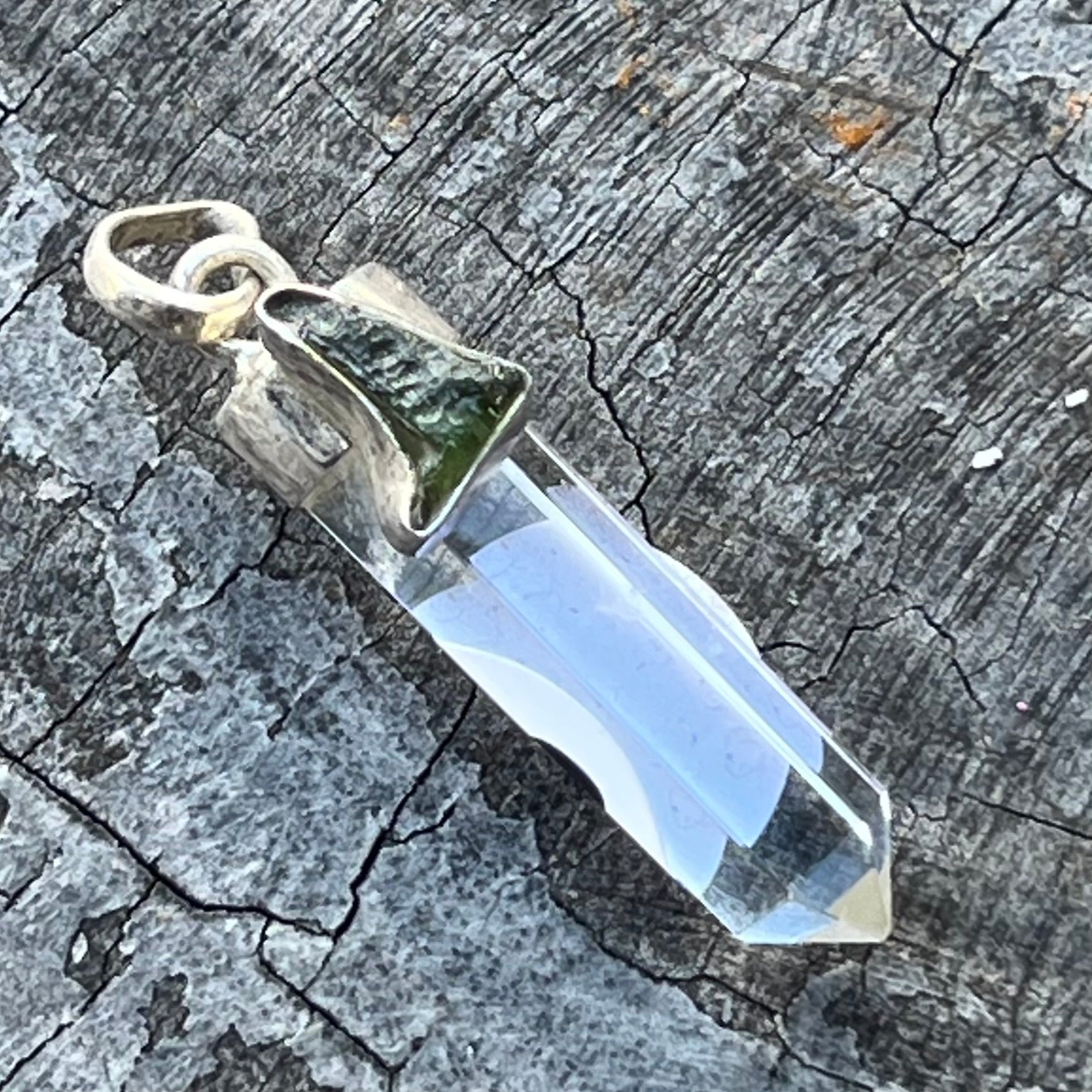 Clear Quartz with Moldavite Sterling Silver Pendant