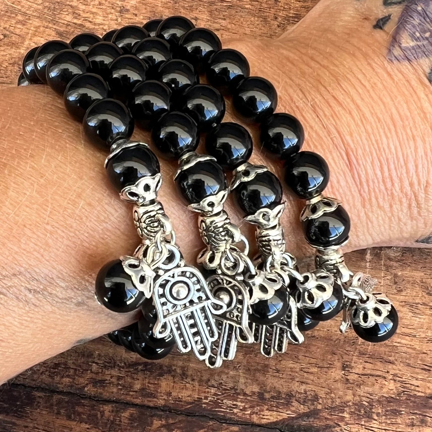 Double Protection Black Obsidian Bracelet with Hamsa Charm